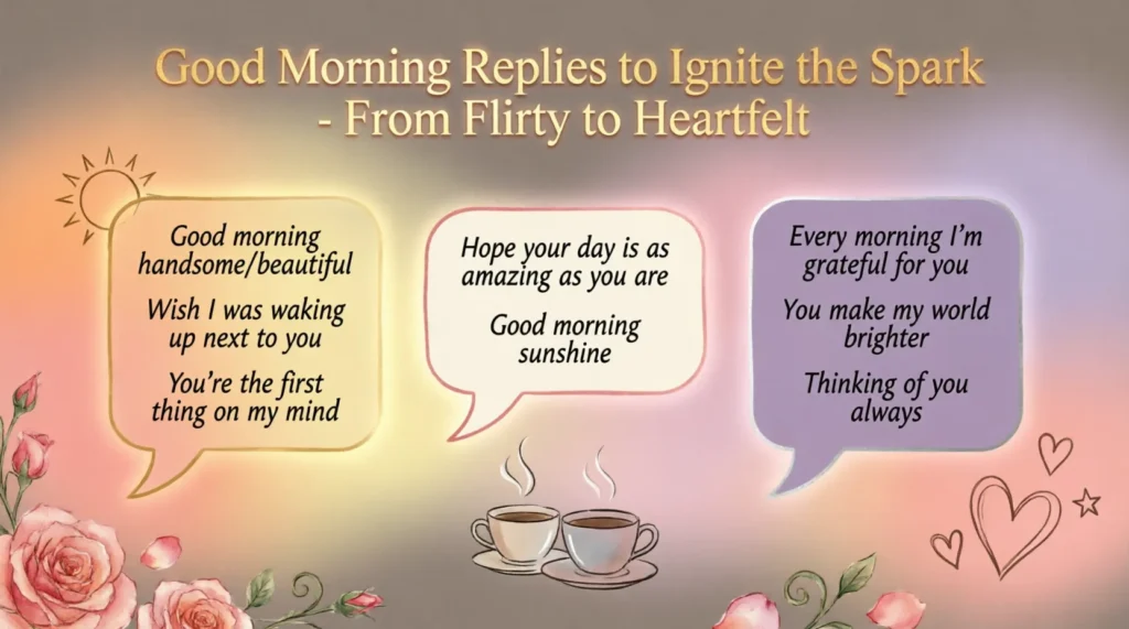 Good Morning Replies to Ignite the Spark from Flirty to Heartfelt: Fuel the Romantic Tension (2026) In short, choosing the perfect good morning replies to ignite the spark from flirty to heartfelt helps you transform a simple greeting into an intimate connection. Your choice of words depends entirely on your relationship phase, whether you want to build playful anticipation or offer deep emotional security. Read on to master the art of early-morning banter and discover exactly how to keep your favorite person thinking about you all day long. You wake up, stretch, and reach for your phone only to see a notification waiting on your screen. Your chest tightens with a rush of excitement because your crush or partner just sent a simple text message greeting the dawn. Your thumbs hover over the keyboard as you frantically search for the right way to respond without coming across as totally desperate or incredibly dry. Navigating the territory of good morning replies to ignite the spark from flirty to heartfelt feels tricky because the early hours carry a unique emotional weight. You are catching someone at their most vulnerable moment, right when they step out of their dreams and choose who they want to contact first. The fear of sounding too eager or, conversely, completely robotic creates a quiet friction that makes you overthink every single character. Communication researchers note that the first text exchange of the day sets the emotional baseline for the next twelve hours. Social psychologists also emphasize that these early touchpoints signal accessibility and relational investment, which can either tighten your bond or leave things hanging awkwardly. Because you want to match their energy while keeping things interesting, choosing the right response strategy is vital. When you send a morning text, your word choices communicate a vast amount of underlying information about your confidence and romantic intentions. The subtle nuances within good morning replies to ignite the spark from flirty to heartfelt can signal whether you view them as a passing casual distraction or a serious romantic pursuit. A playful, teasing comment signals that you are highly confident, secure, and ready to maintain a fun, dynamic chase. A deeply emotional, reassuring text signals that you offer a warm space for vulnerability and want to anchor their day in love. An incredibly brief, one-word answer signals that you are either entirely distracted or emotionally unavailable. An over-the-top, excessively intense profession of love too early in a relationship signals desperation and an inability to read the room. Every message you choose to send either fuels the magnetic pull between you or dampens the mood completely. Mastering the diverse styles of good morning replies to ignite the spark from flirty to heartfelt ensures you always strike the perfect balance between charm and sincerity. 10 Best Ways to Reply and Create a Lasting Impression To help you choose the best text for your specific relationship dynamic, we have broken down these high-impact responses into distinct categories that range from playful to profoundly sweet. The Bold and Flirty Responses "Morning! My day is already looking up just seeing your name pop up on my screen." "Good morning! I'd say I slept well, but you kept distracting me in my dreams all night." "Morning, gorgeous. I hope your day is as amazing as you looked the last time I saw you." This category is your best weapon when you want to build unmistakable romantic tension and keep them smiling at their screen. These lines work beautifully during the early dating stages because they are confident, alluring, and clearly state that you find them attractive. The Playful and Witty Banter "Good morning! I successfully made it out of bed, so I believe I deserve a reward from you later." "Morning! You owe me a coffee because I spent half the night thinking about our next date." "Rise and shine! Let me know if you need help staying awake through your boring morning meetings today." Leaning into playful banter is an exceptional way to show off your personality without putting too much pressure on the relationship. Use these lines when your dynamic is lighthearted and you want to challenge them to a fun, energetic conversation. The Warm and Heartfelt Options "Good morning, love. I hope your day goes smoothly, and I can't wait to hold you tonight." "Morning! Just wanted to remind you how incredibly proud I am of you and everything you do." "Waking up is so much easier knowing I have someone as wonderful as you in my corner." These responses are designed to provide a deep sense of security and genuine emotional intimacy. They work best in committed relationships where you want your partner to feel unconditionally supported, cherished, and loved the moment they open their eyes. Tone Matching: Reading the Situation First Before you copy and paste any message, it is essential to read the room and evaluate where your relationship currently stands. Sending an intensely passionate text to someone you have only been dating for a week can create serious panic. Analyze the current stage of dating: If you are in a brand-new situationship, stick to the witty or playful subcategories to keep the chase exciting before diving into intense declarations. Evaluate their original message: Look at the emotional energy they sent you; a low-energy text might mean they are tired and need something gentle, while an enthusiastic text invites a bolder reply. Consider their schedule for the day: If they have a high-stress presentation or interview, a heartfelt, encouraging note will always beat out a distracting, highly flirty text. Ultimately, the most successful good morning replies to ignite the spark from flirty to heartfelt are the ones that sound like your true voice. Do not force a persona that feels completely unnatural to you just to get a quick reaction. What NOT to Say in the Morning Don't send a lazy, one-word response: Replying with just a single text character or a cold phrase like "K" completely kills the momentum and signals a lack of effort. Don't jump immediately into complaining: Starting the day by whining about your bad sleep or your terrible job ruins the romantic vibe instantly. Don't send overly aggressive, purely physical comments too early: Keep things classy; rushing into highly explicit territory before breakfast can feel incredibly jarring and disrespectful. Don't double text if they don't reply immediately: People get busy getting ready for work, so blowing up their phone out of insecurity makes you look incredibly anxious. Don't bring up serious, heavy relationship arguments: Save complex, difficult conversations for a face-to-face meeting later in the day rather than ruining their morning peace. The underlying principle here is that your initial message should always leave a positive, welcoming impression. When you avoid these toxic pitfalls, you prove that you respect their time and know how to manage the pace of the relationship. Real-Life Examples: How It Plays Out Scenario 1: Igniting a Casual Dating Spark Maya and Ethan have been on three dates, and the chemistry is building, but they are still testing the waters. Ethan texts her at 7:30 AM saying, "Good morning! Hope you have a good Tuesday." Maya wants to use one of the good morning replies to ignite the spark from flirty to heartfelt to escalate the banter, so she texts back: "Morning! My Tuesday would be a lot better if we already had plans for dinner tonight, but a text from you is a pretty good start." Ethan replies within two minutes to lock down a Thursday night date, showing how a little playfulness drives immediate action. Scenario 2: Strengthening a Committed Bond Liam and Sophia have been together for two years, but long work hours have left them feeling slightly disconnected lately. Sophia wakes up early and texts Liam, "Good morning babe, hope your day isn't too crazy." Recognizing that her day is going to be incredibly stressful, Liam bypasses the casual jokes and opts for a heartfelt response: "Morning, beautiful. You are going to crush your meetings today, and I'm cooking your favorite dinner tonight so you can completely relax." Sophia feels an instant wave of relief and security, proving that emotional validation is often the ultimate romantic spark. FAQs About the Keyword How do you reply to a morning text from a crush to keep them interested? To keep a crush interested, your message should always include an open-ended element or a light challenge that invites a response. Utilizing good morning replies to ignite the spark from flirty to heartfelt means avoiding boring answers like "Good morning to you too." Instead, flip the script by saying something like, "Good morning! Tell me the best thing that's going to happen to you today so I can look forward to it with you." What is the most romantic way to respond to a morning message? The most romantic response combines emotional vulnerability with total reassurance of your affection. You want to focus on the fact that they are your very first thought when the world wakes up. Try replying with something sincere like, "Waking up is my favorite part of the day because my first thought is always about how lucky I am to have you." How do you spark a flirtatious conversation in the morning? You can spark a flirtatious conversation by introducing a little bit of playful mischief, teasing, or mild mystery into your text. Frame your message around a shared memory or an inside joke, or playfully tease them about being a sleepyhead. This creates an immediate, lighthearted game that your partner will want to play along with throughout the day. How do you balance being flirty versus heartfelt in a text response? Balancing these two styles requires you to tune into your partner's current emotional state and the context of your relationship tradition. Across many global traditions, respectful communication is treated as a foundational element of love, meaning you should never force flirtiness if your partner is genuinely stressed or upset. Use flirty lines when the mood is light and carefree, and save heartfelt lines for when they need comfort, reassurance, or a reminder of your loyalty. Final Thoughts good morning replies to ignite the spark from flirty to heartfelt